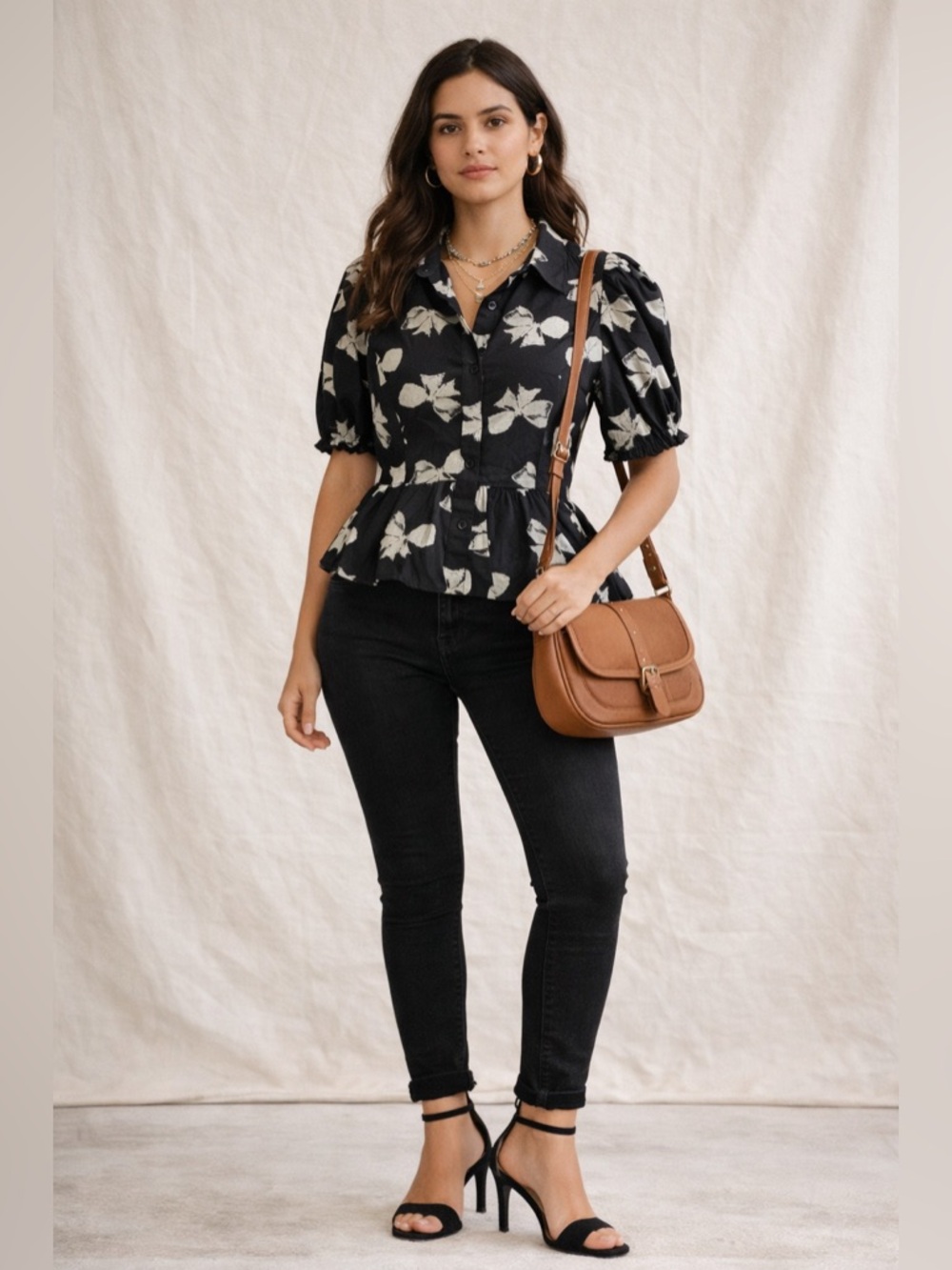 Gracia Black Bow Print Puff Sleeve Blouse Peplum‎ Button Up Shirt Small